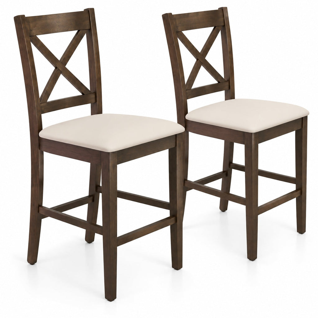 Airfind Set of 2 X-Back Bar Stools with Upholstered Cushioned Seats, 330 lbs Capacity, Rubber Wood Linen Fabric Sponge Frame, Brown