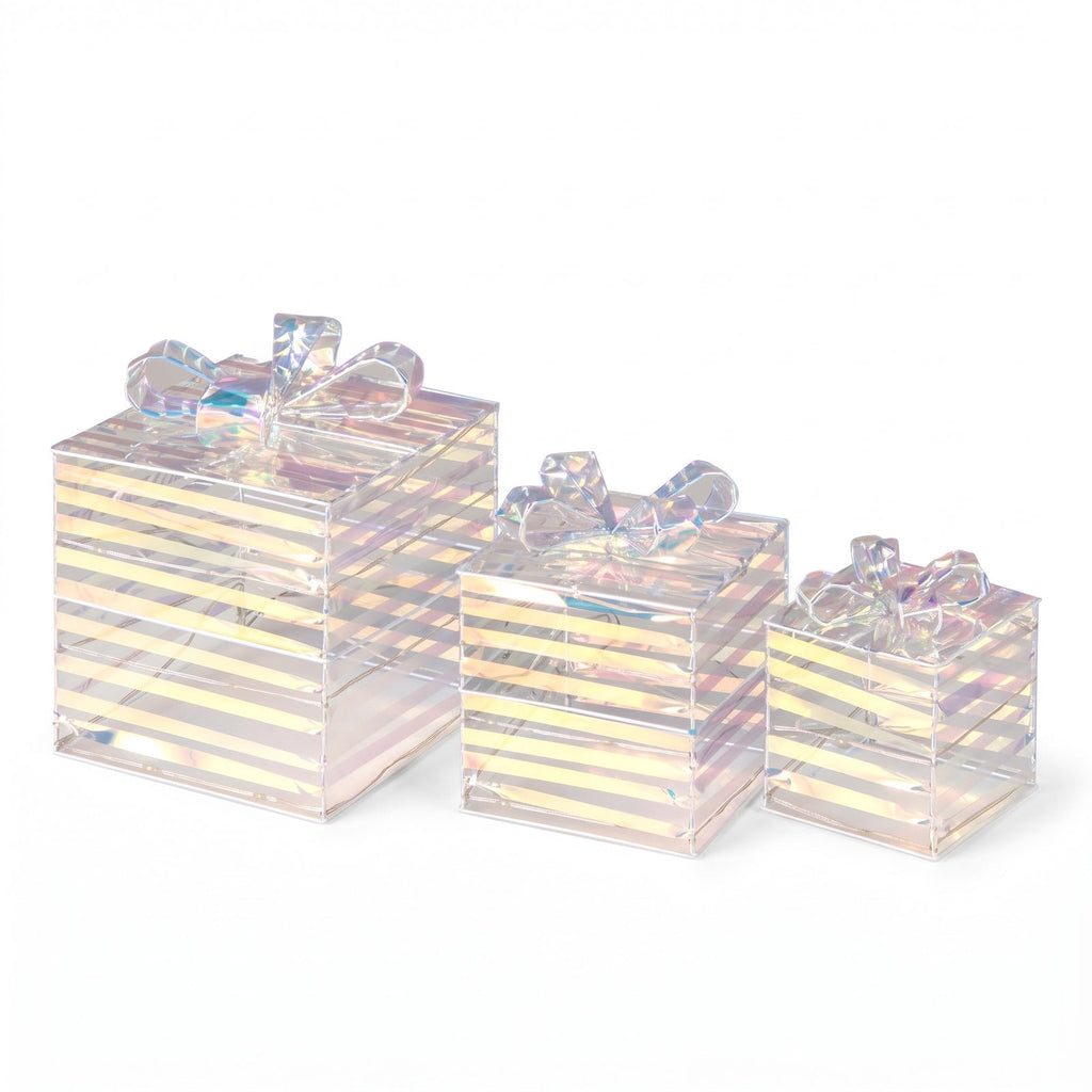 Airfind Set of 3 Christmas Lighted Gift Boxes with Bows and Plug, PVC Metal Frame, 10 Inch x 10 Inch x 10 Inch Footprint, of Light White