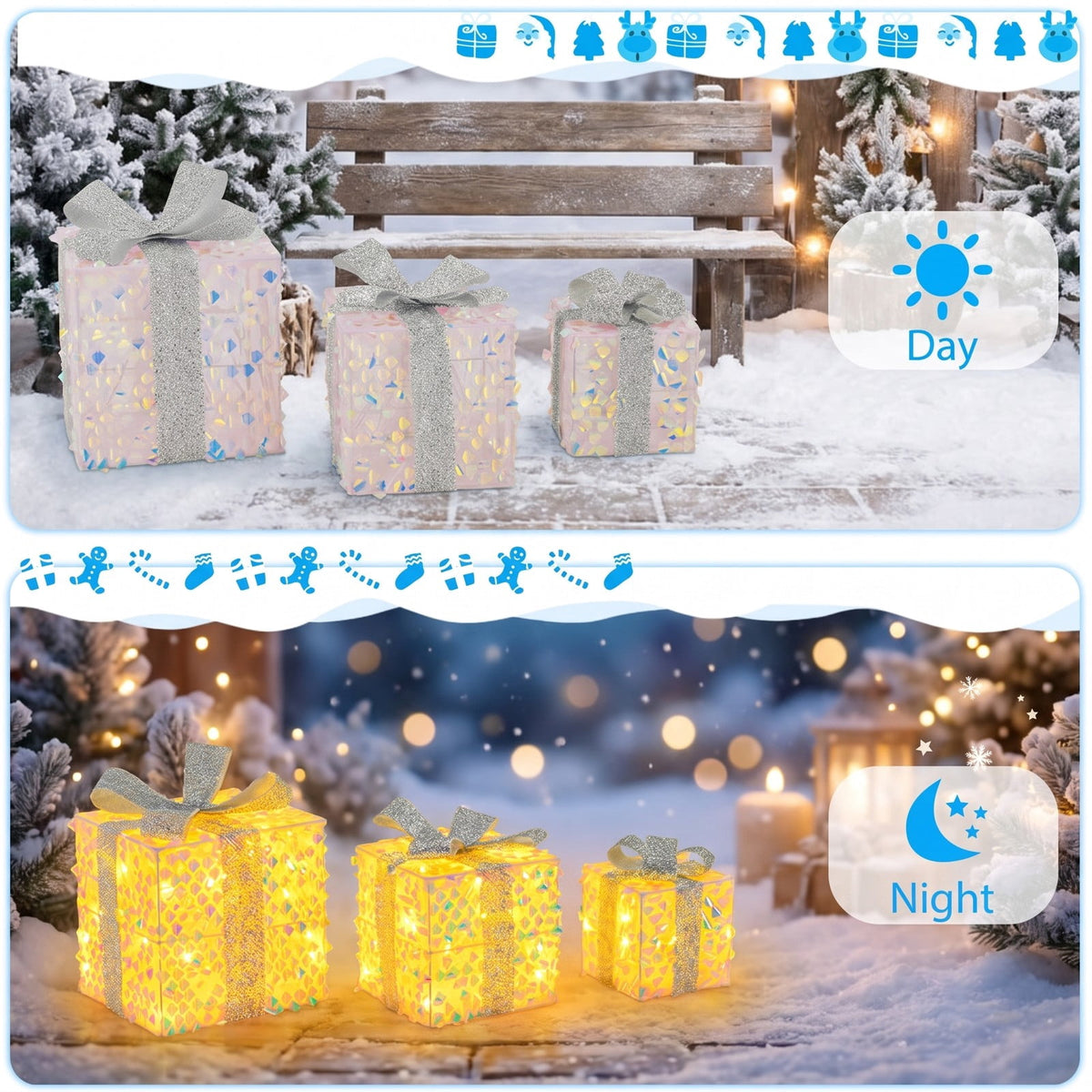 Airfind Set of 3 Christmas Lighted Gift Boxes with Pre-lit 90 LED Light and Bows, PVC Polyester Metal Frame, 10 x 10 x 10 Footprint