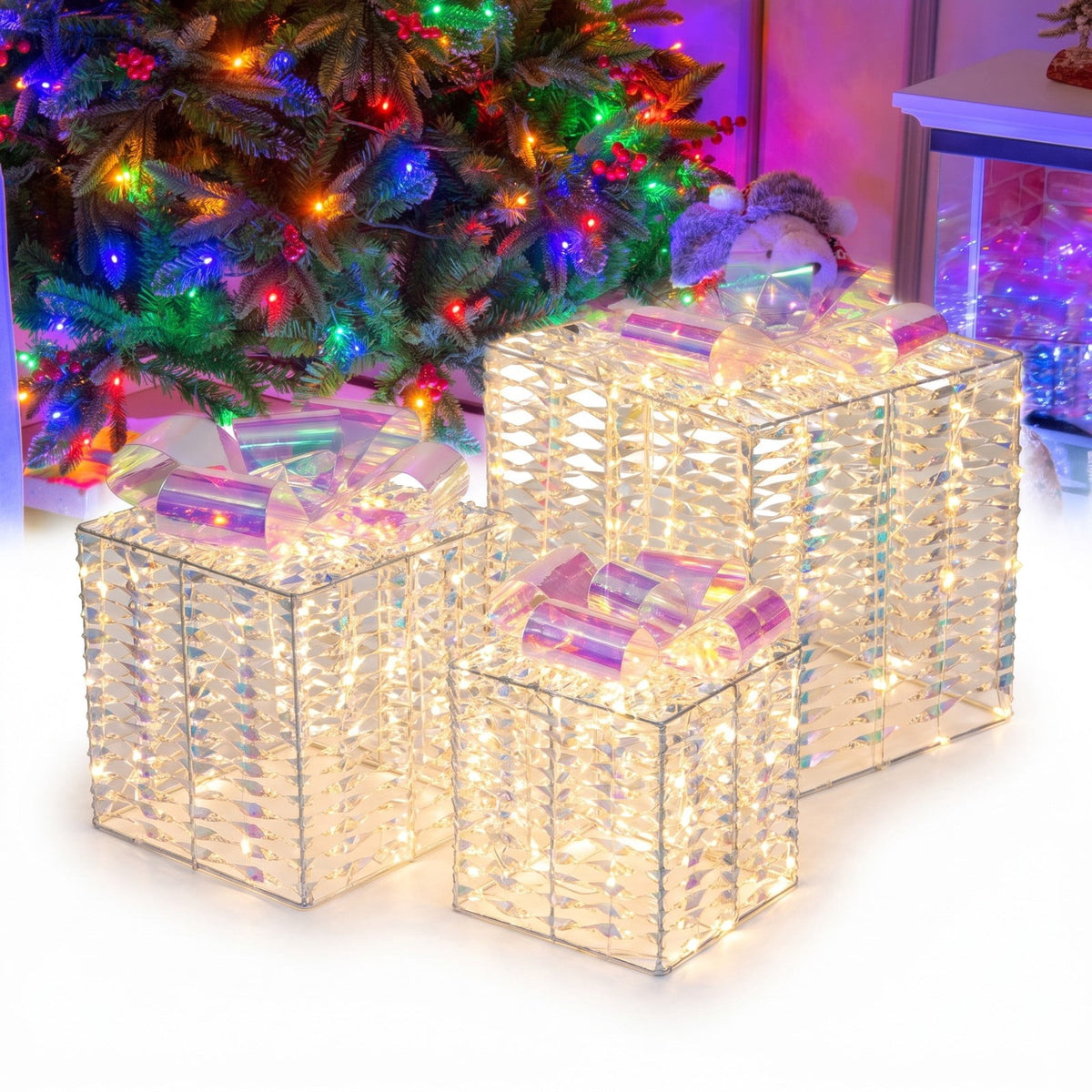 Airfind Iridescent Christmas Gift Box, Set of 3 Christmas Gift Box with Bows, PVC Metal Large, 13 Inch x 13 Inch x 13 Inch (L x W x H) Medium, Iridescent