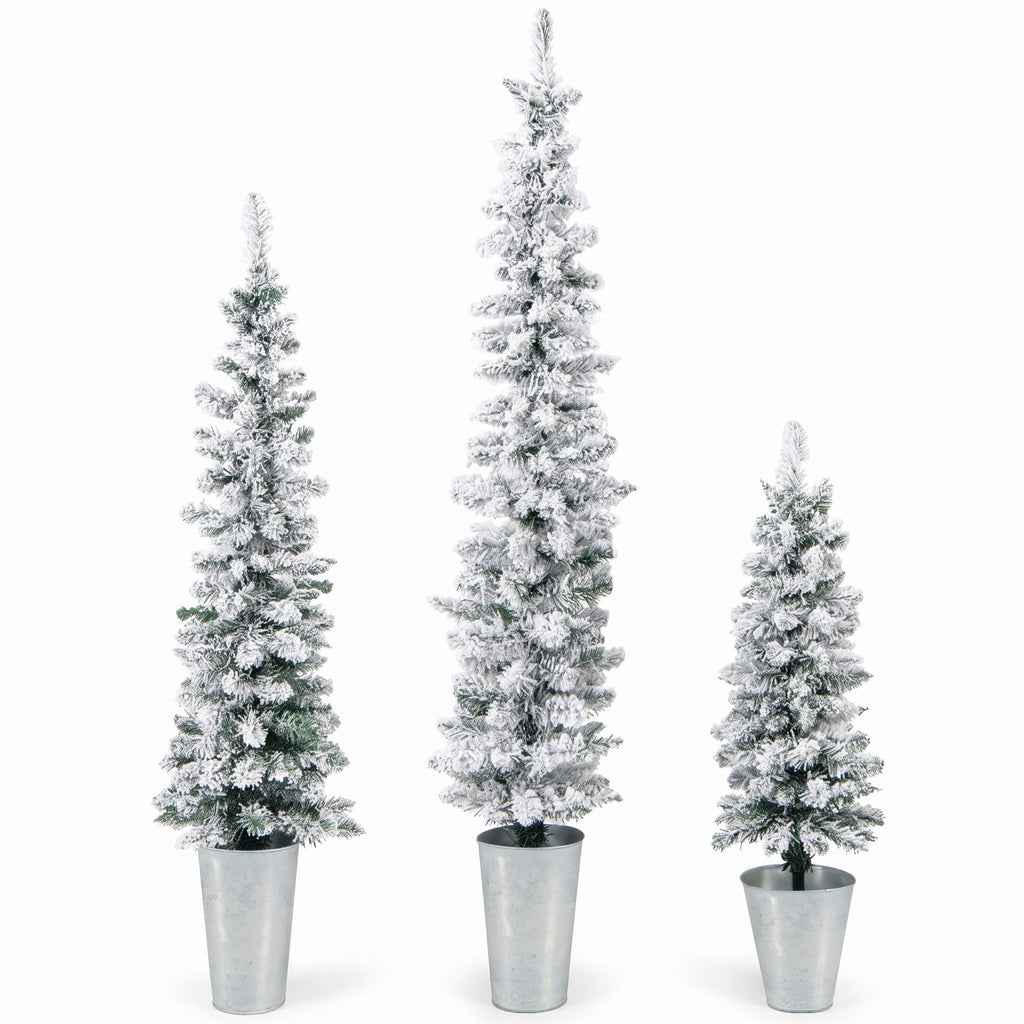 Airfind Set of 3 Potted Artificial Christmas Tree Snow, PVC Metal Flocking Tree Height 3/4/5 ft Tree Width 1 ft Frame, Green+Silver