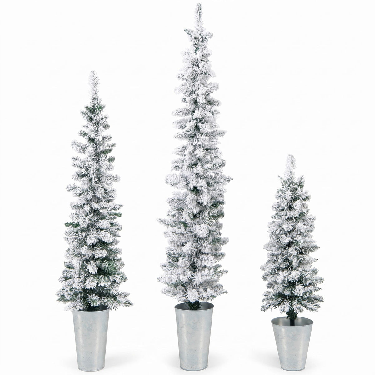 Airfind Set of 3 Potted Artificial Christmas Tree Snow, PVC Metal Flocking Tree Height 3/4/5 ft Tree Width 1 ft Frame, Green+Silver