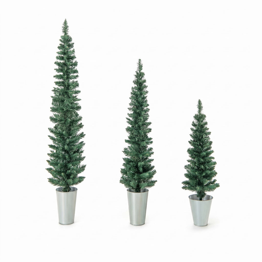Airfind Set of 3 Potted Artificial Christmas Tree with Silver Metal Buckets, PVC Metal Tree Height 3/4/5 ft Tree Width 1 ft Frame, Silver