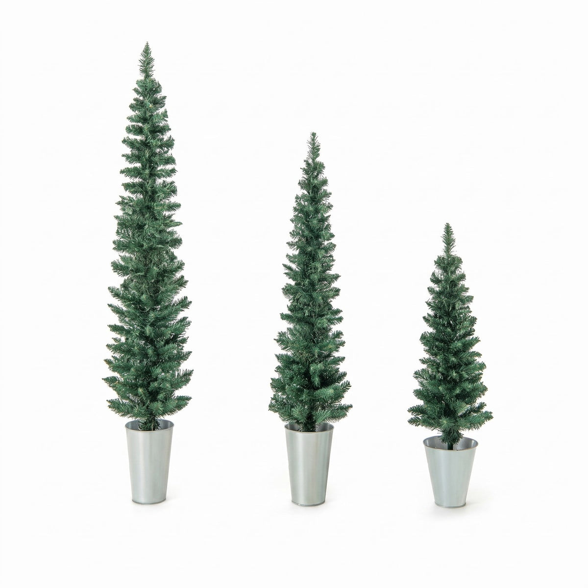 Airfind Set of 3 Potted Artificial Christmas Tree with Silver Metal Buckets, PVC Metal Tree Height 3/4/5 ft Tree Width 1 ft Frame, Silver