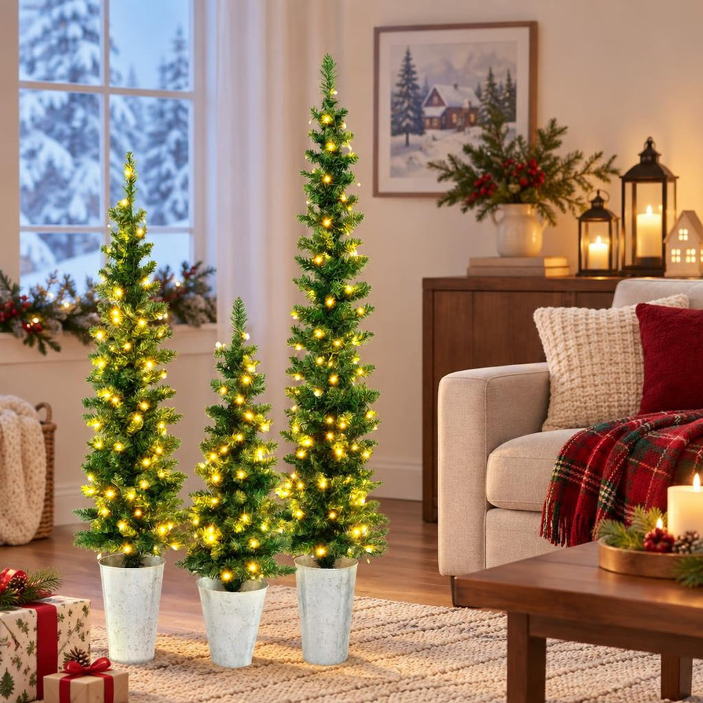 Airfind Set of 3 Pre-Lit Artificial Christmas Trees with 230 Warm White LED Lights, PVC Tree Height 3 ft Tree Width 10 Inch Frame, White