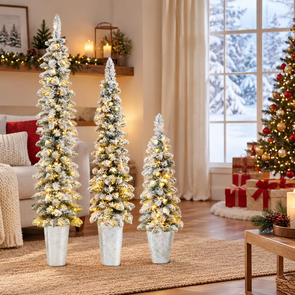 Airfind Set of 3 Pre-Lit Snow Flocked Artificial Christmas Trees witrh 423 Branch Tips, PVC Tree Height 3 ft Tree Width 10in Frame