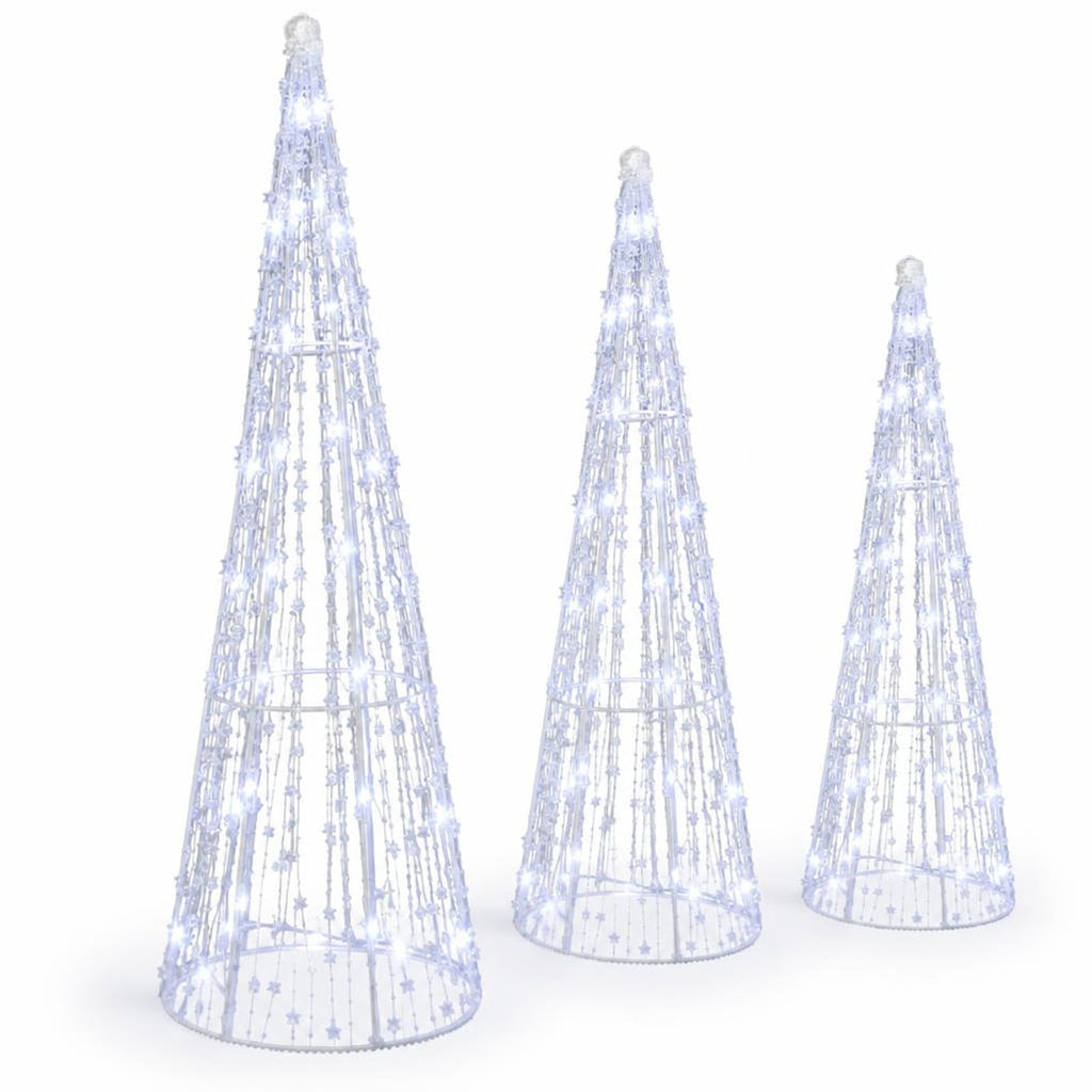 Airfind Set of 3 Pre-lit Christmas Cone Trees with Star Strings for Christmas-Cold White, Metal PS PVC Large Tree Frame, White