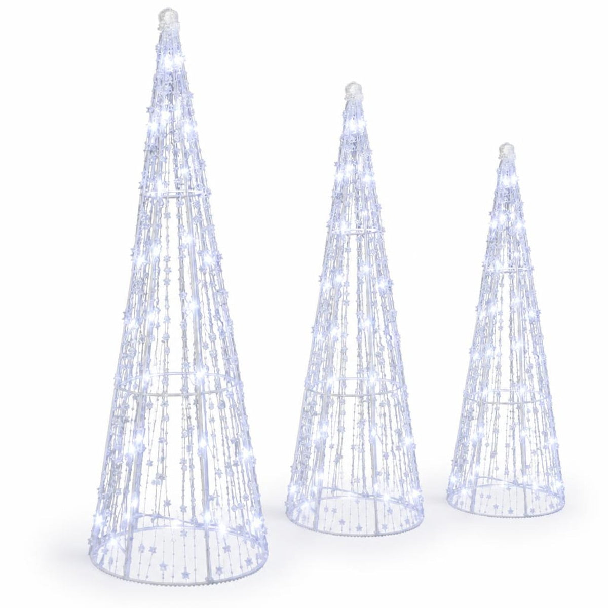 Airfind Set of 3 Pre-lit Christmas Cone Trees with Star Strings for Christmas-Cold White, Metal PS PVC Large Tree Frame, White