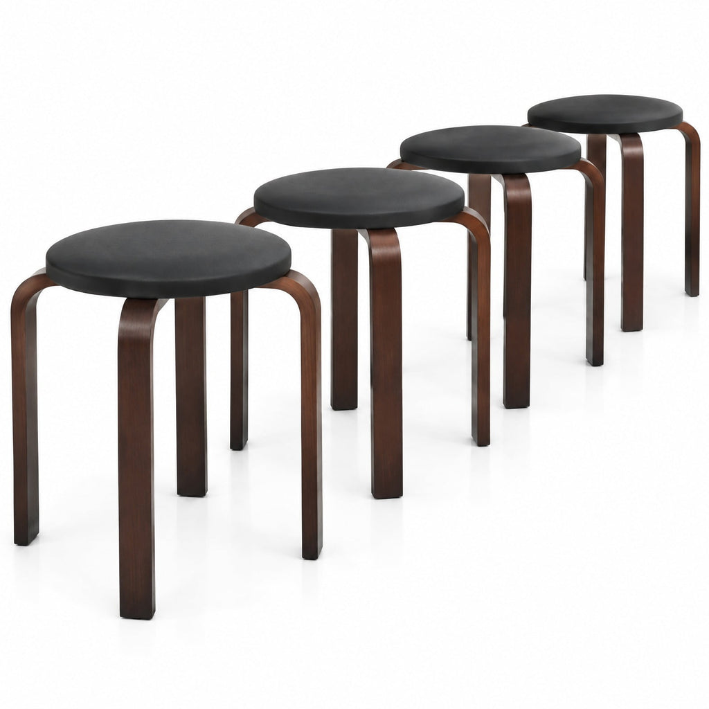 Airfind Set of 4 Bentwood Round Stool Stackable Dining Chairs with Padded Seat, Birch PU leather sponge Frame, 15 x 15 x 18.5 Footprint, Black