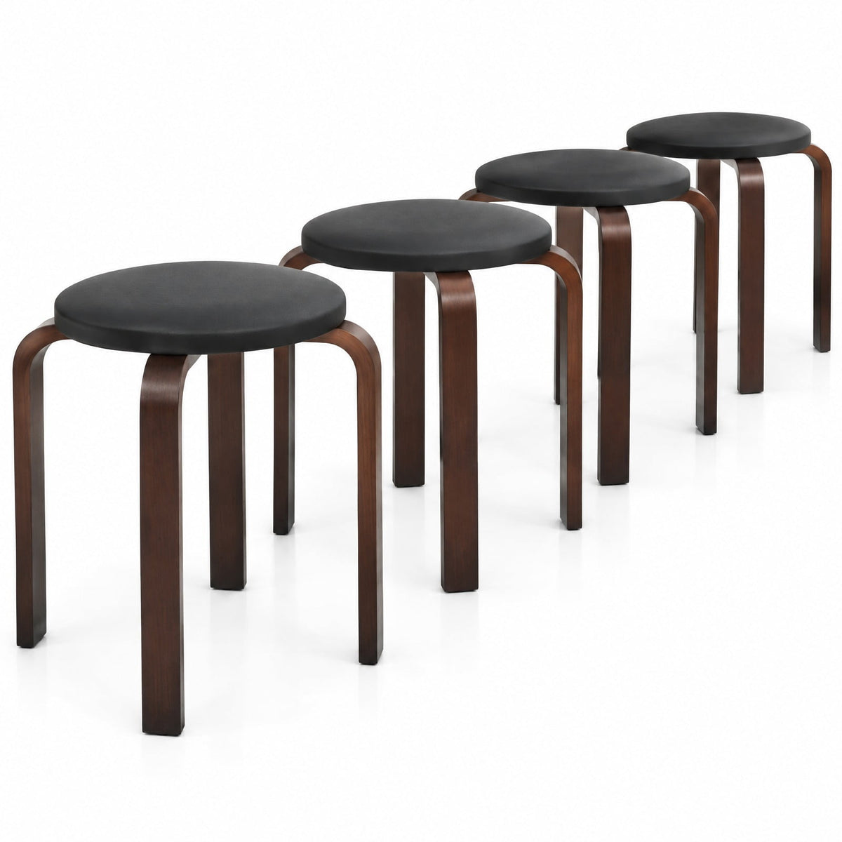 Airfind Set of 4 Bentwood Round Stool Stackable Dining Chairs with Padded Seat, Birch PU leather sponge Frame, 15 x 15 x 18.5 Footprint, Black