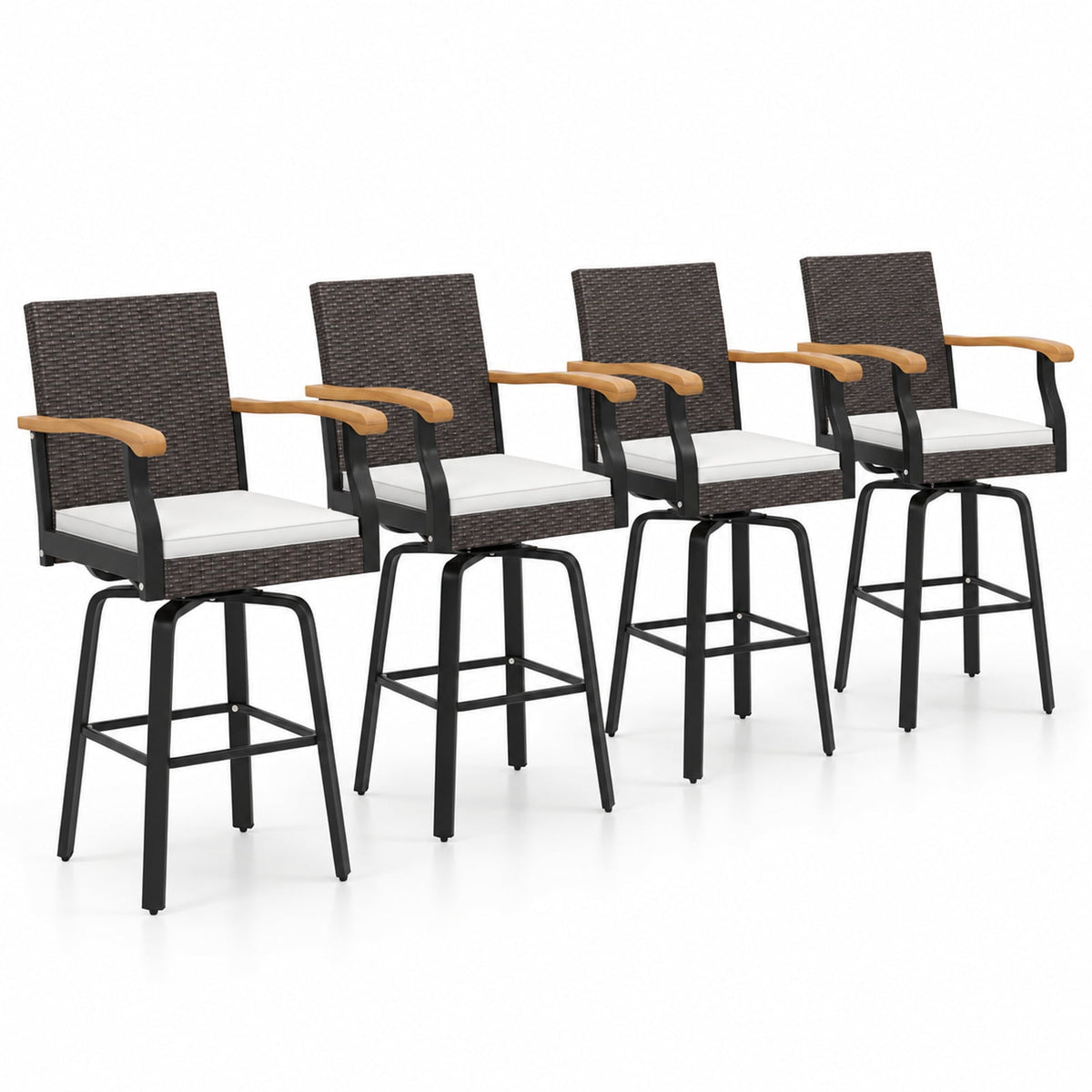 Airfind Set of 4 Outdoor 360° Swivel Bar Stool with Cushion and Acacia Wood Armrests, 400 lbs Capacity, Wood