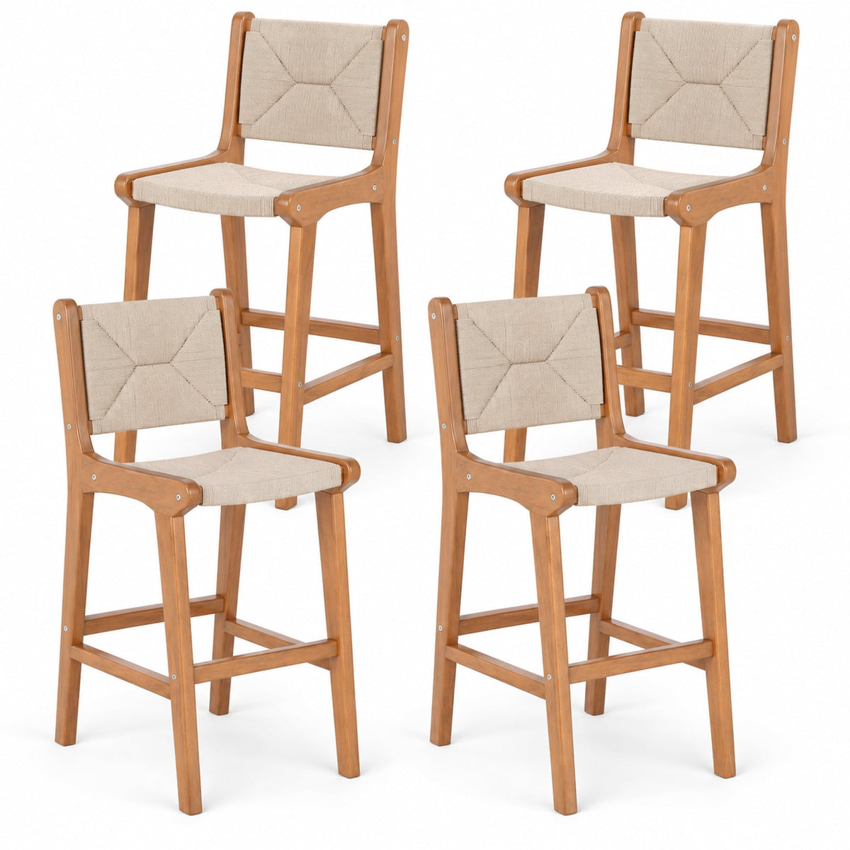 Airfind Set of 4 Outdoor Counter Height Bar Stool Woven Paper Rope Patio Barstool with Teak Wood Frame, 400 lbs Capacity, Wood