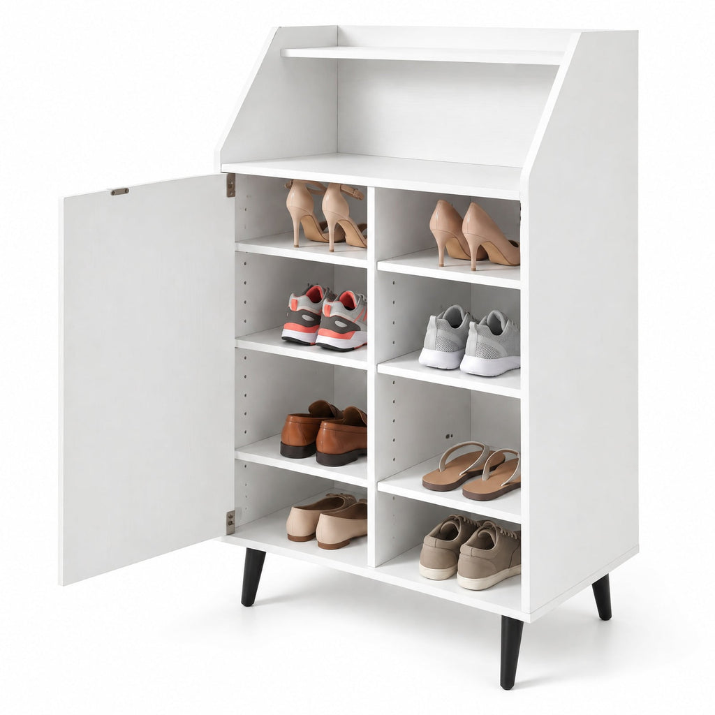 Airfind Shoe Storage Cabinet with 2-Tier Open Compartment and 4-Tier Adjustable Shelf, 44 lbs Capacity, Engineered Wood Frame, White