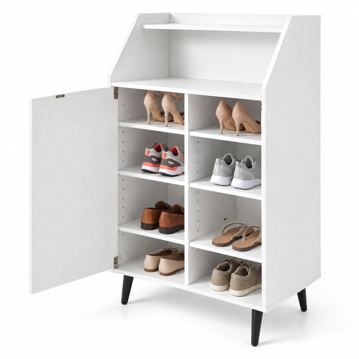 Airfind Shoe Storage Cabinet with 2-Tier Open Compartment and 4-Tier Adjustable Shelf, 44 lbs Capacity, Engineered Wood Frame, White