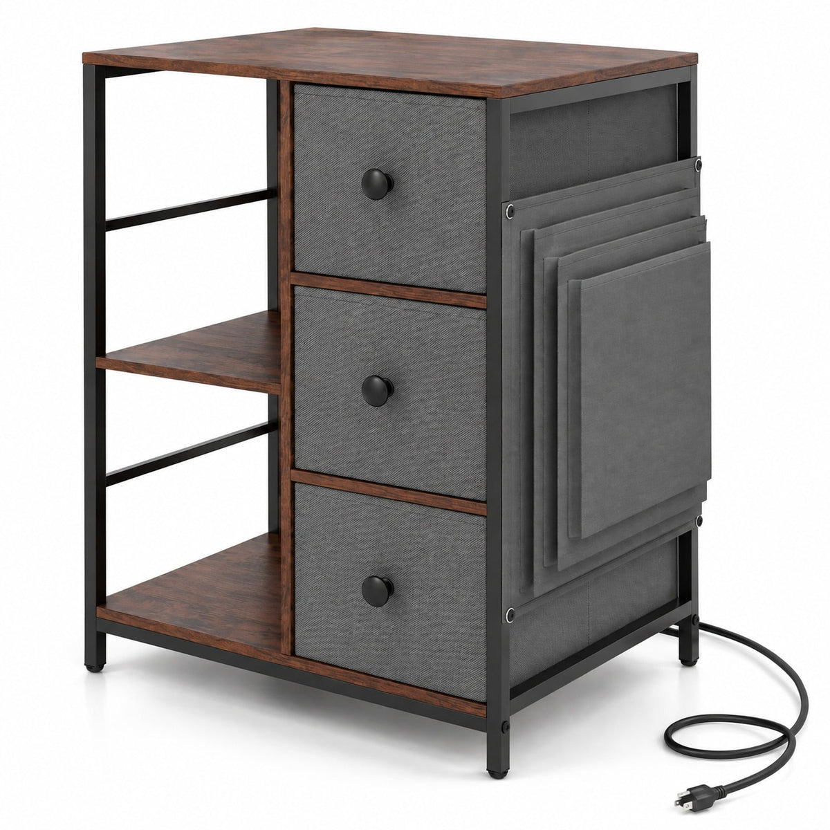 Airfind Side Table with Charging Station Industrial Nightstand with Open Shelves, 18 x 16 x 25Inner Footprint, Brown