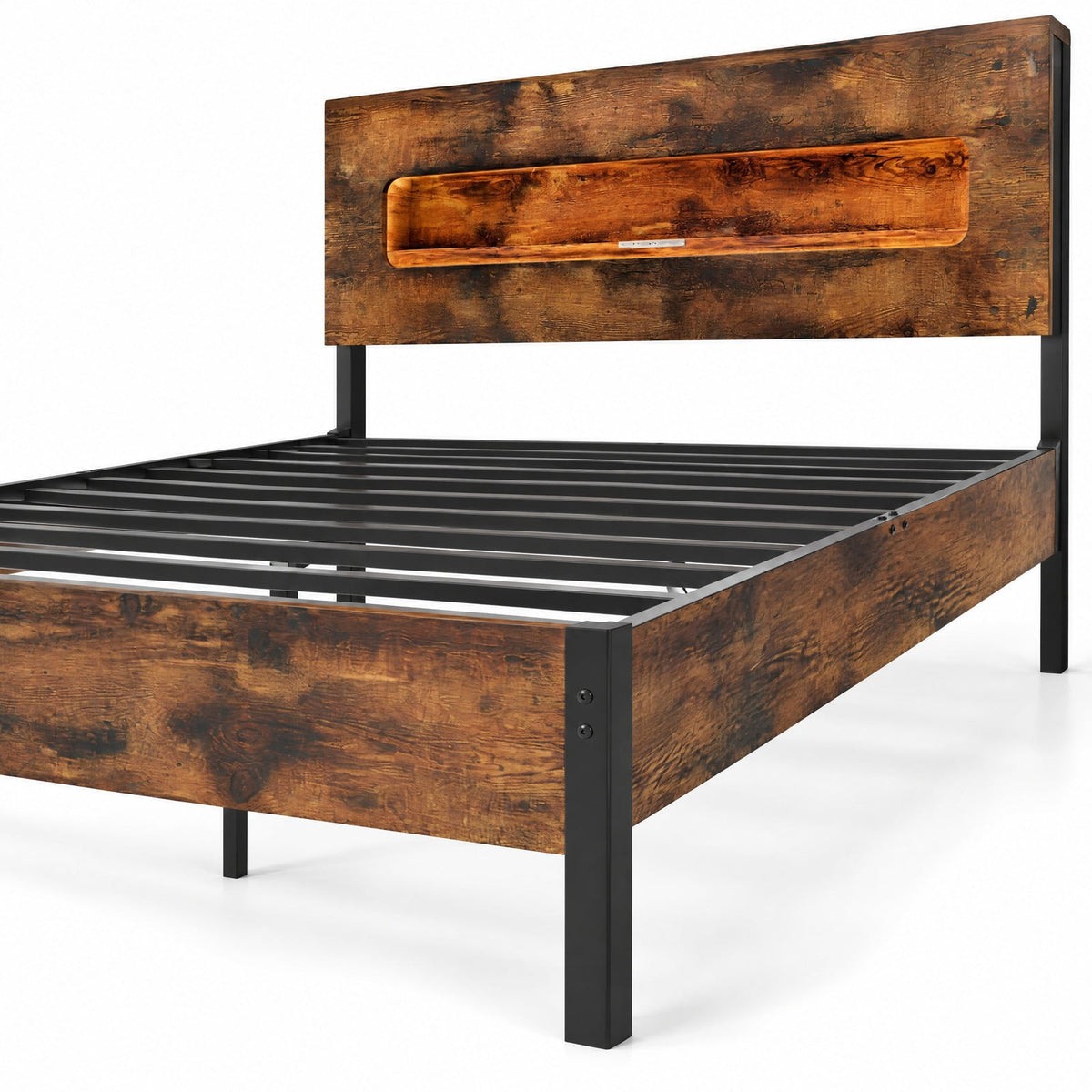 Airfind Slatted Full Bed Frame with LED Lights and Storage Headboard No Box Spring Needed, 660 lbs Capacity, Engineered Wood Metal Frame