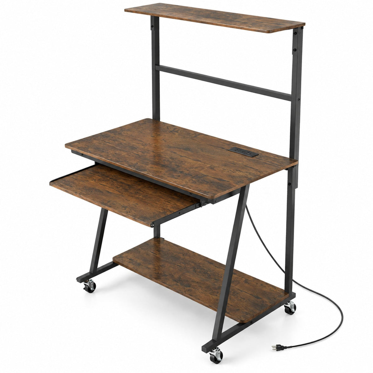 Airfind Small Computer Desk with Charging Station and LED Lights and Wheels, 165 lbs Capacity, Metal Engineered Wood Frame, Brown