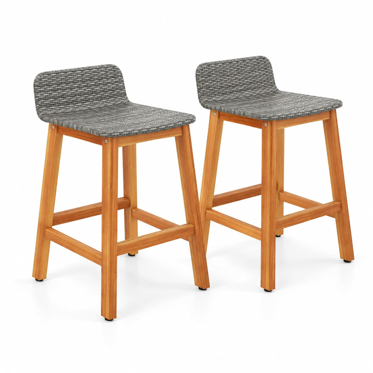 Airfind Solid Acacia Wood Bar Stools Set of 2 with Backrests and Footrests for Porch, Acacia Wood PE Rattan Frame, Gray