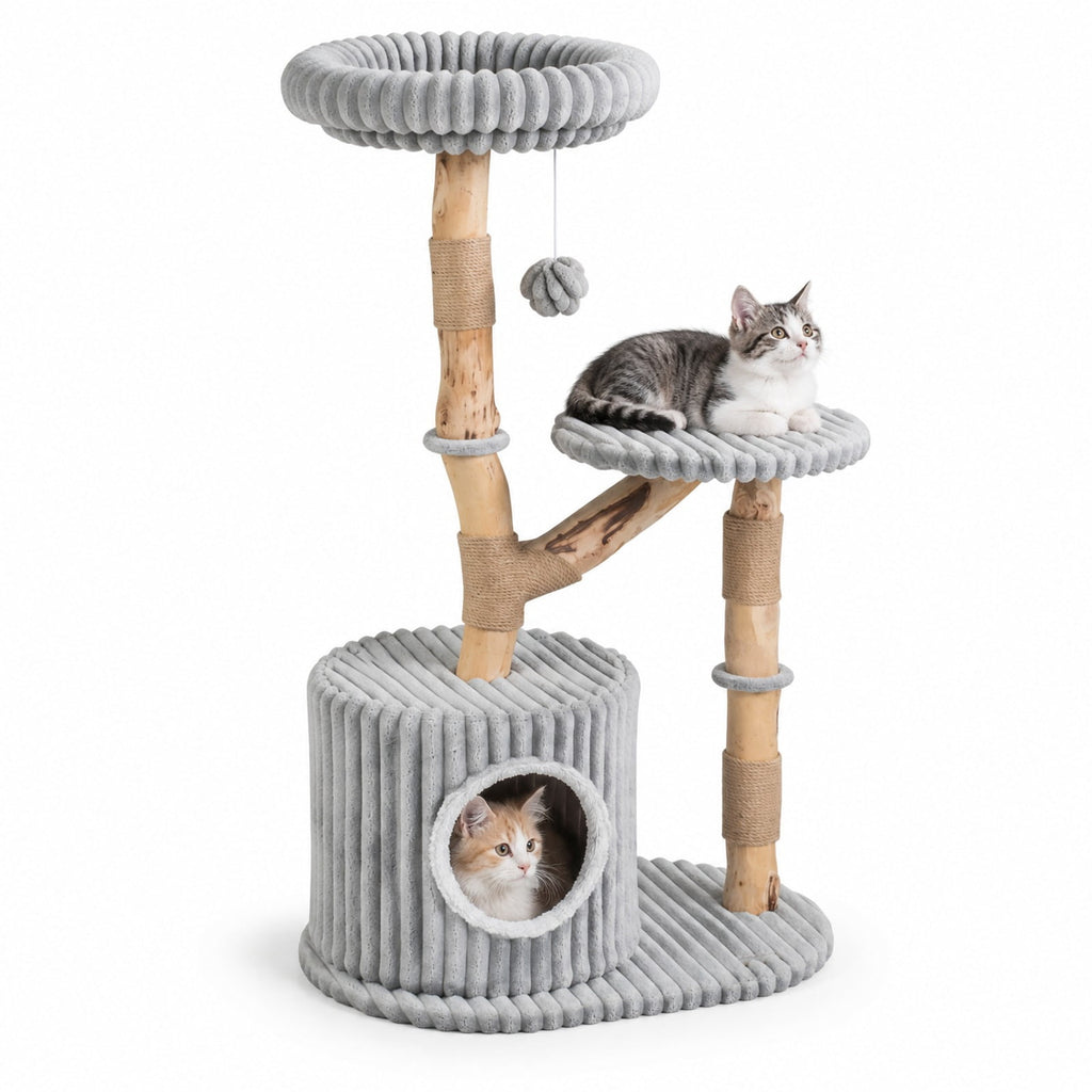 Airfind Solid Wood Cat Tree 41 Inch with Real Branches Scratching Posts and Cozy Bed, 22 lbs Capacity, Pear Wood Frame, 22 x 16 x 41 Footprint
