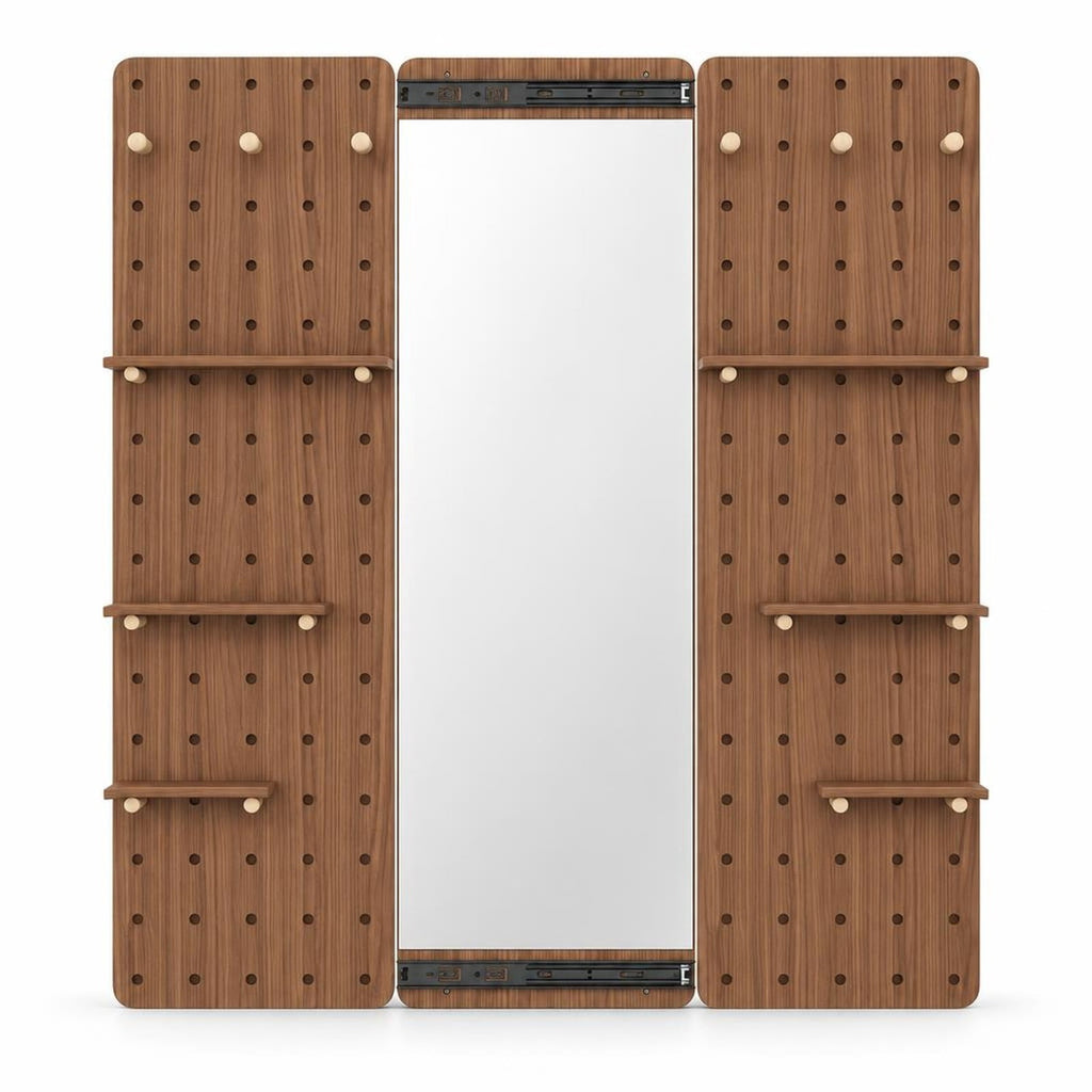Airfind Solid Wood Full Length Mirror with Pegboard Shelves and Hooks for Entryway, Solid Wood Glass Frame, 16 x 5.5 x 55 Footprint, Brown