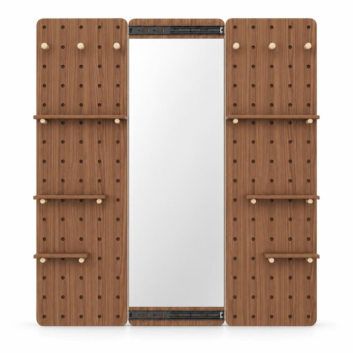 Airfind Solid Wood Full Length Mirror with Pegboard Shelves and Hooks for Entryway, Solid Wood Glass Frame, 16 x 5.5 x 55 Footprint, Brown