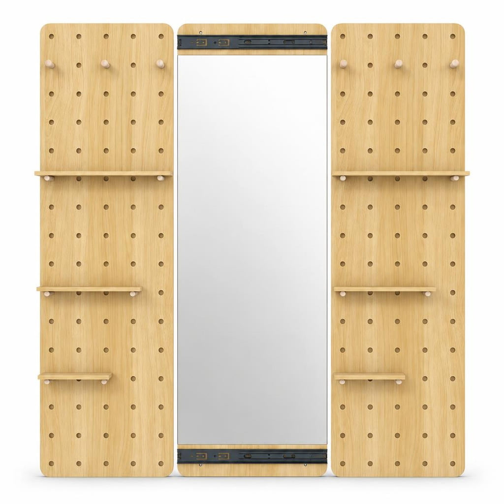 Airfind Solid Wood Full Length Mirror with Pegboard Shelves and Hooks for Entryway, Solid Wood Glass Frame, 16 x 5.5 x 55 Footprint, Natural