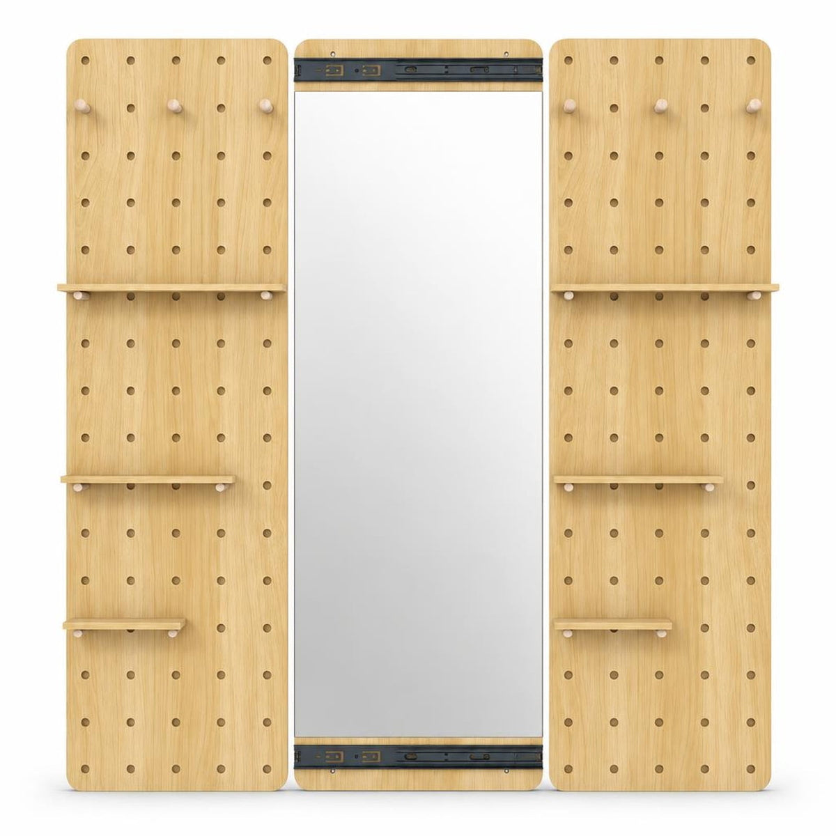 Airfind Solid Wood Full Length Mirror with Pegboard Shelves and Hooks for Entryway, Solid Wood Glass Frame, 16 x 5.5 x 55 Footprint, Natural