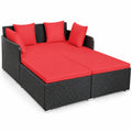 Airfind Spacious Outdoor Rattan Daybed with Upholstered Cushions and Pillows, 800 lbs Capacity, Rattan Steel Sponge Frame, Red