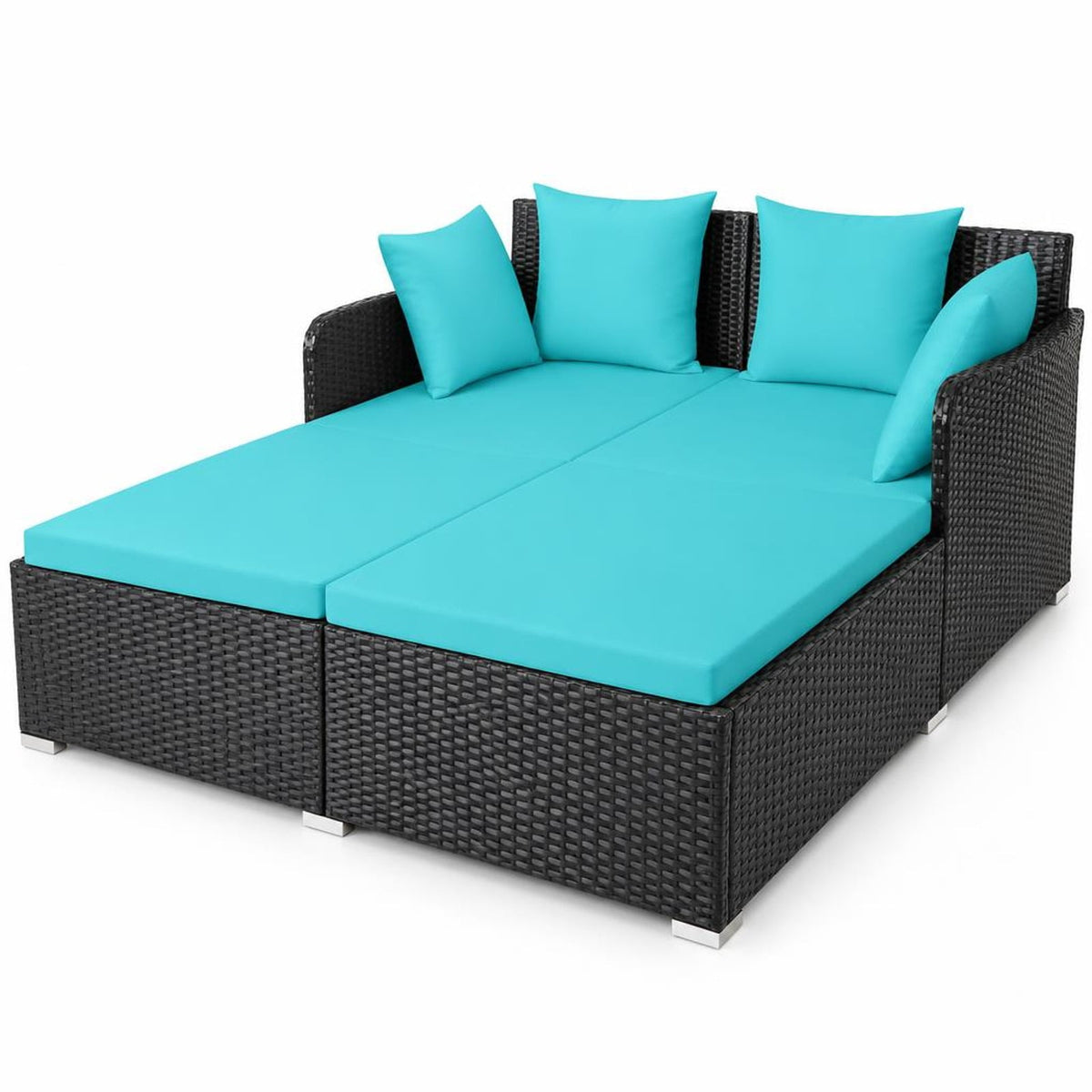 Airfind Spacious Outdoor Rattan Daybed with Upholstered Cushions and Pillows, 800 lbs Capacity, Rattan Steel Sponge Frame, Turquoise