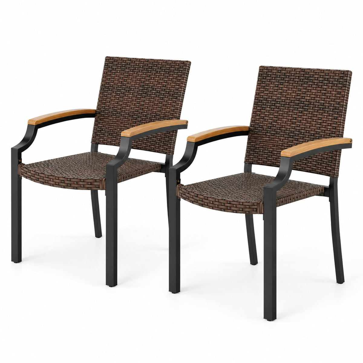 Airfind Stacking Wicker Chairs Set of 2 Patio Rattan Dining Chairs with Acacia Wood Armrests, 400 lbs Capacity, Metal PE Rattan Frame, Wood