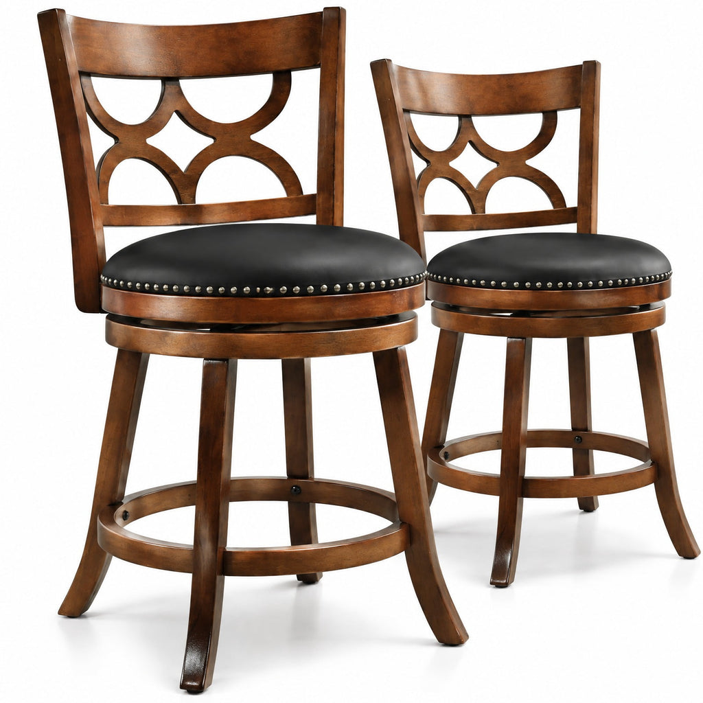 Airfind Swivel Bar Stools Set of 2 with High Backrest and Wood Frame-24 Inches, 330 lbs Capacity, Rubber Wood PVC Leather Sponge Frame, Expresso