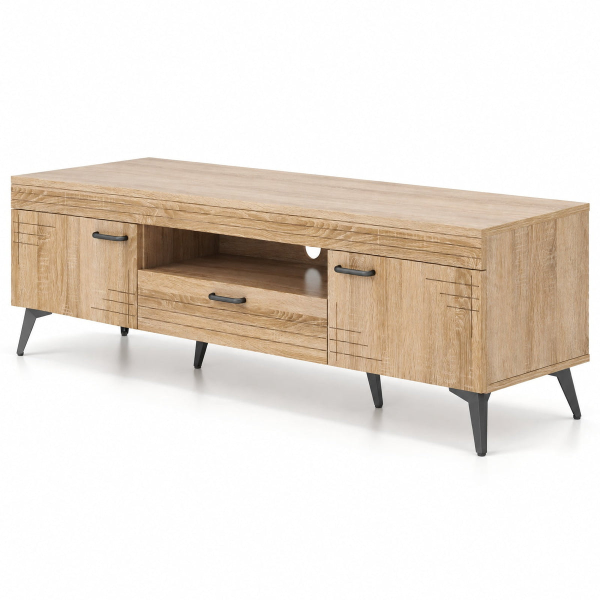 Airfind TV Stand with 2 Cabinets and Storage Drawer for 65 Inches TVs, 180 lbs Capacity, Metal Engineered Wood Frame, 59 x 15 x 17 Footprint, Oak