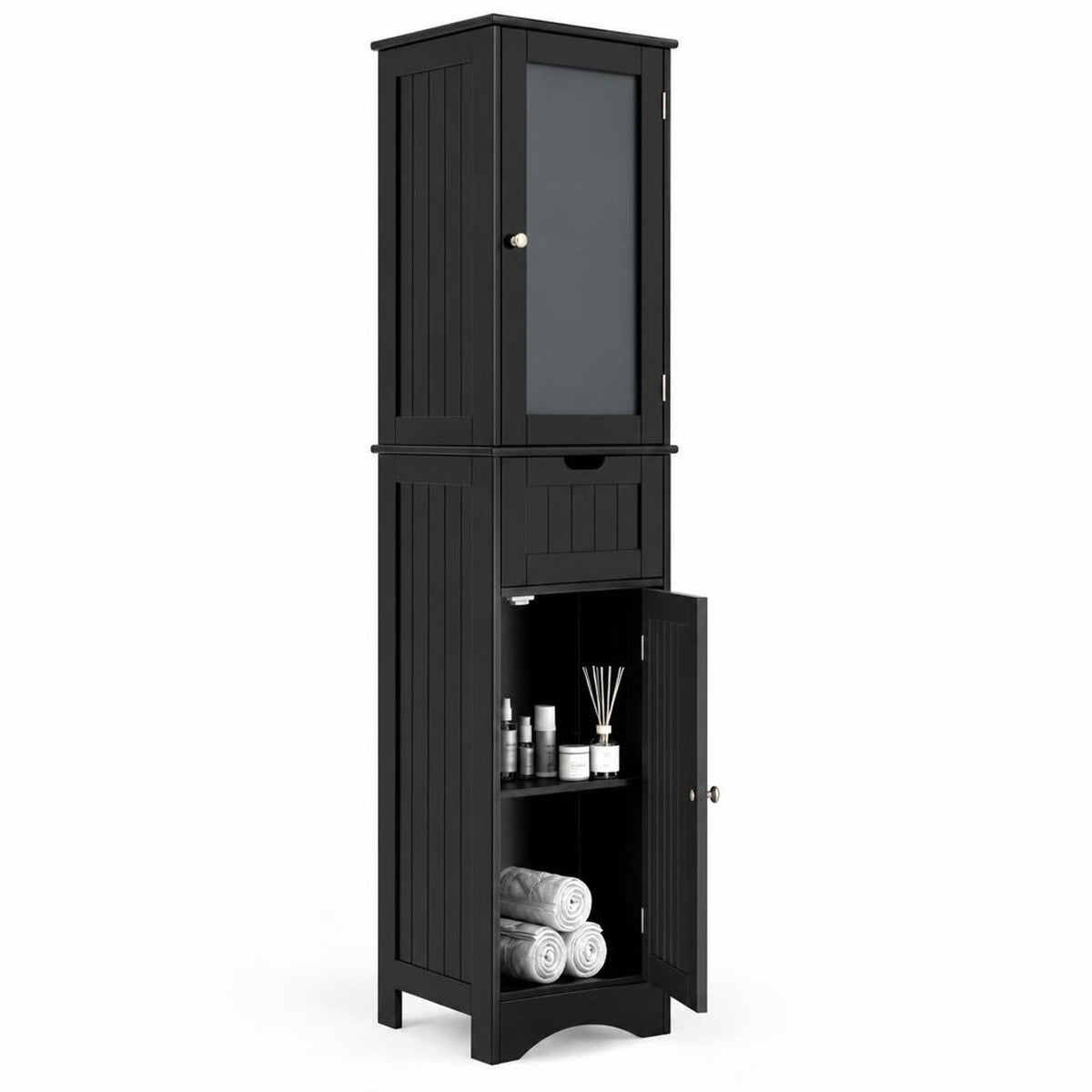 Airfind Tall Floor Storage Cabinet with 2 Doors and 1 Drawer for Bathroom, MDF Tempered Glass Frame, 16in x 12in x 67in Footprint, Black