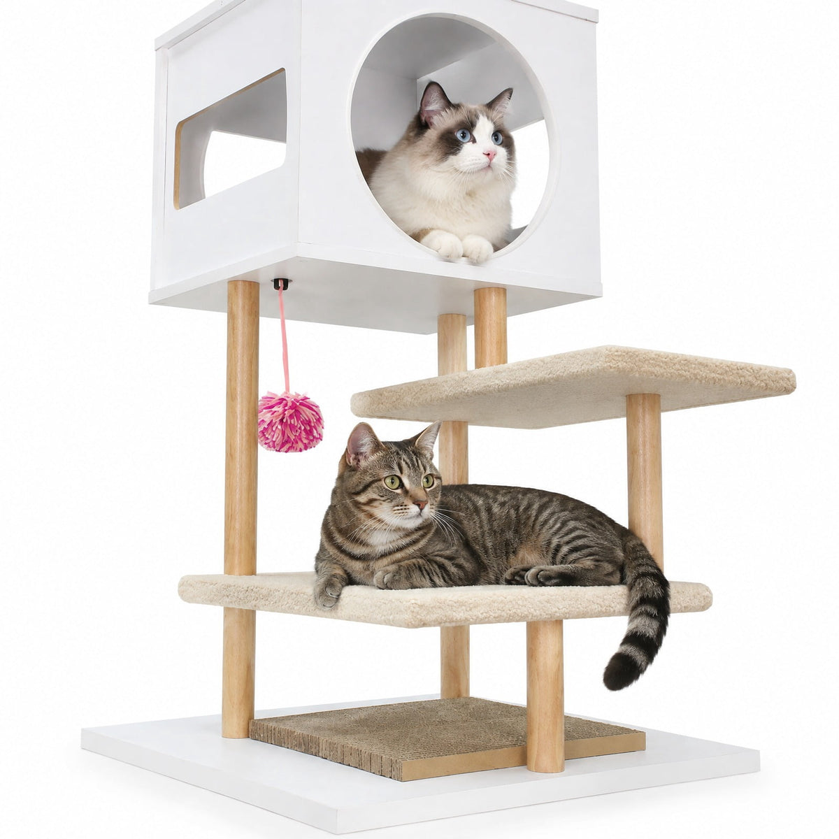 Airfind Tall Wood Cat Tower with 2 Corrugated Cardboard, 15.5 lbs Capacity, Engineered Wood Rubber Wood Corrugated Cardboard Fabric Frame, White