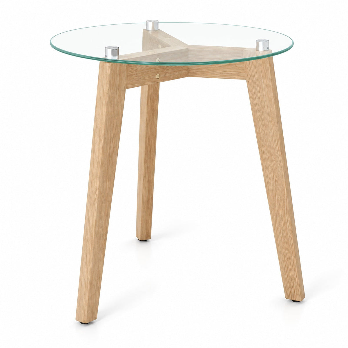 Airfind Tempered Glass End Table Round with Solid Rubber Wood Structure-1 Piece, 110 Lbs Capacity, Tempered Glass Rubber Wood Plywood, Natural