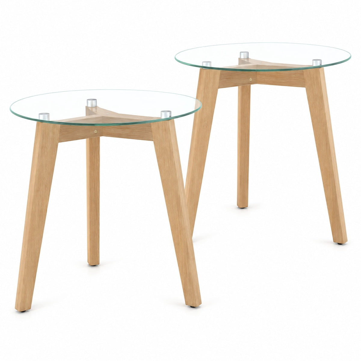 Airfind Tempered Glass End Table Round with Solid Rubber Wood Structure-Set of 2, 110 lbs Capacity, Tempered Glass Rubber Wood Plywood Frame