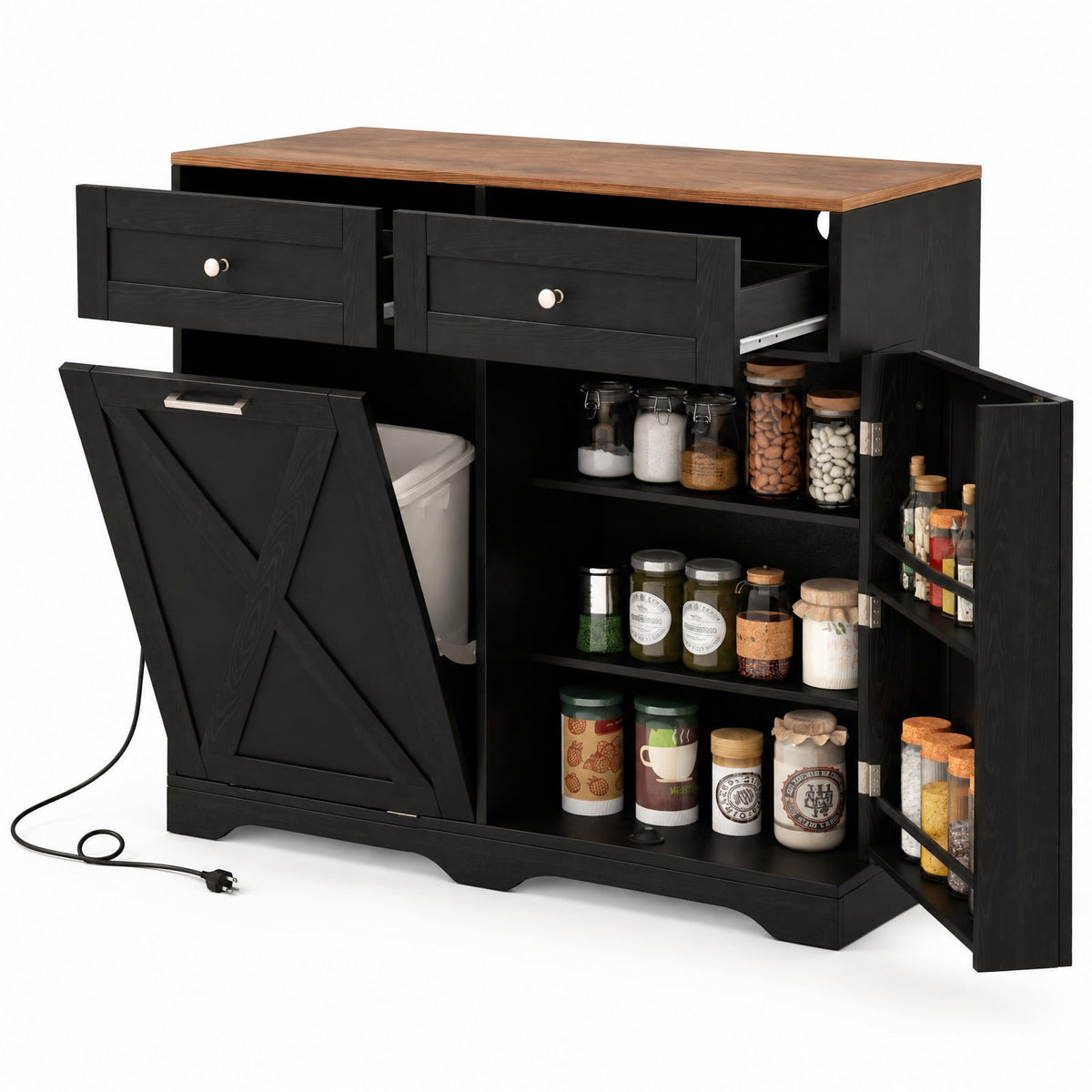 Airfind Tilt Out Trash Can Cabinet with Outlets and Adjustable Shelf, 100 Lbs Capacity, MDF Engineered Wood for Convenient Everyday Use, Black