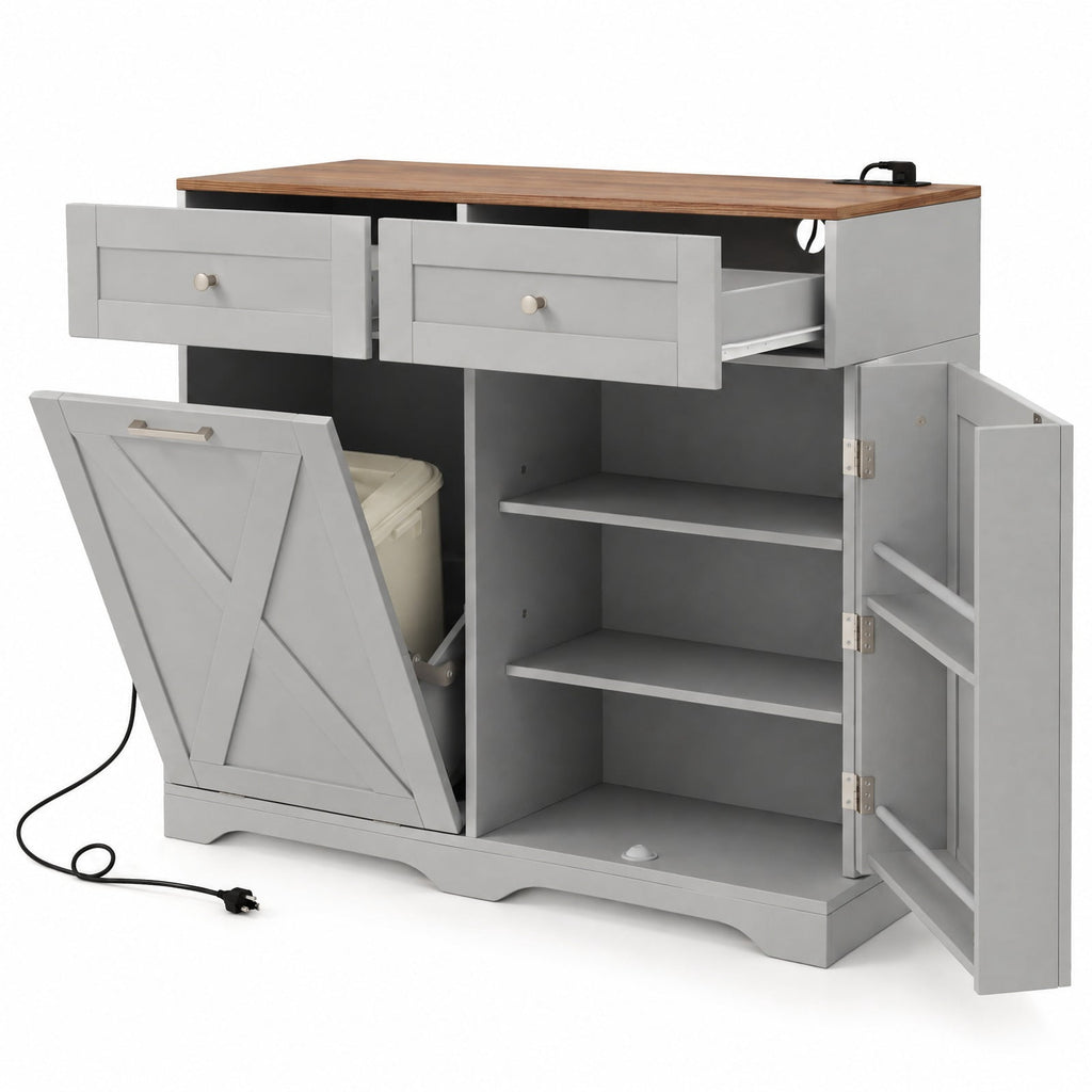 Airfind Tilt Out Trash Can Cabinet with Outlets and Adjustable Shelf, 100 Lbs Capacity, MDF Engineered Wood for Convenient Everyday Use, Gray