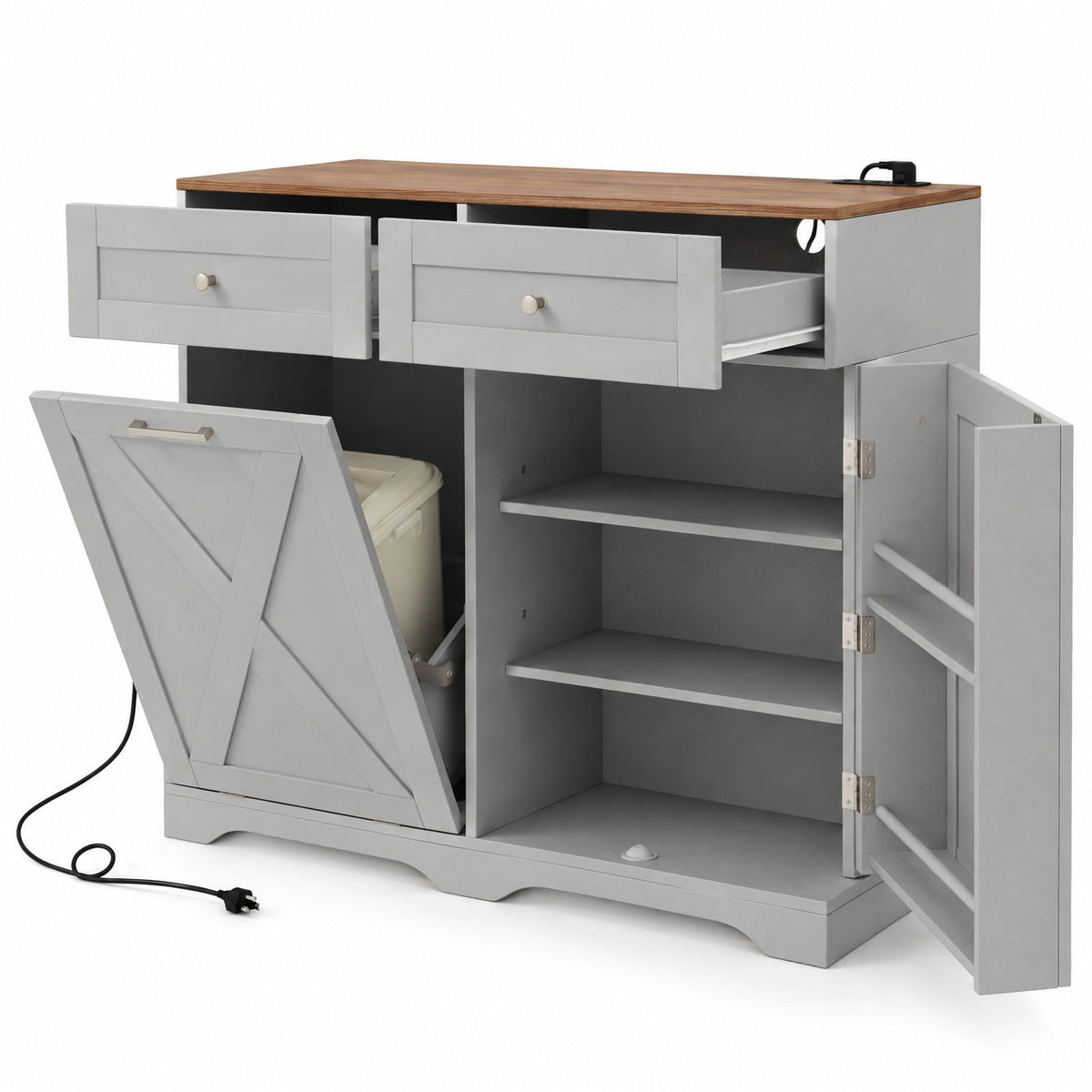 Airfind Tilt Out Trash Can Cabinet with Outlets and Adjustable Shelf, 100 Lbs Capacity, MDF Engineered Wood for Convenient Everyday Use, Gray