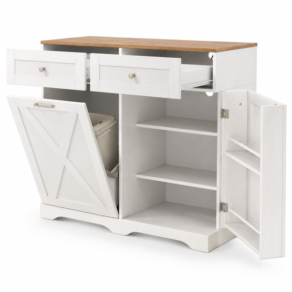 Airfind Tilt Out Trash Can Cabinet featuring Outlets and Adjustable Shelf, 100 lbs Countertop Capacity, MDF Engineered Wood Frame, White