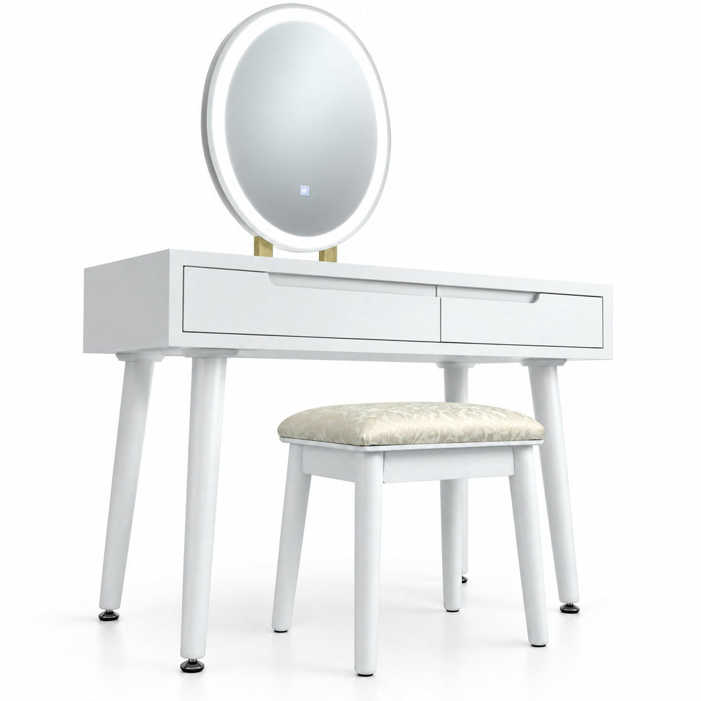 Airfind Touch Screen Vanity Makeup Table Stool Set with Lighted Mirror, MDF paint rubber wood cedar wood Frame, 31.5 x 16 x 54.5 Footprint, White