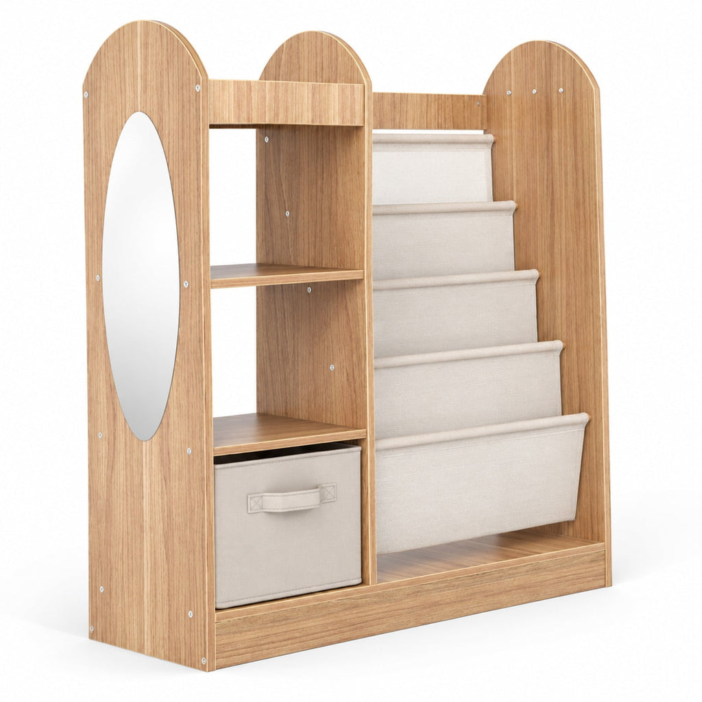 Airfind Toy Storage Organizer with 4-Tier Sling Shelves, 22 lbs Capacity, MDF Pine Wood Fabric Frame for Everyday Use, Natural