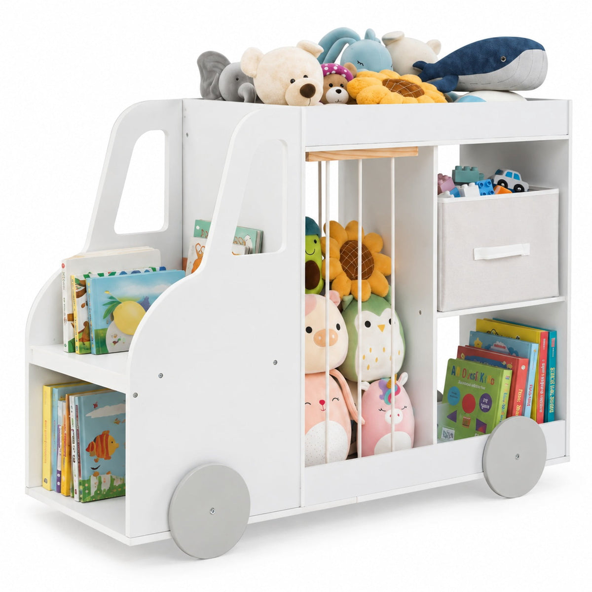 Airfind Toy Storage Organizer with Stuffed Animal Storage Fabric Drawer and Universal Wheels, 35 lbs Capacity, for 3+ Years Old, White