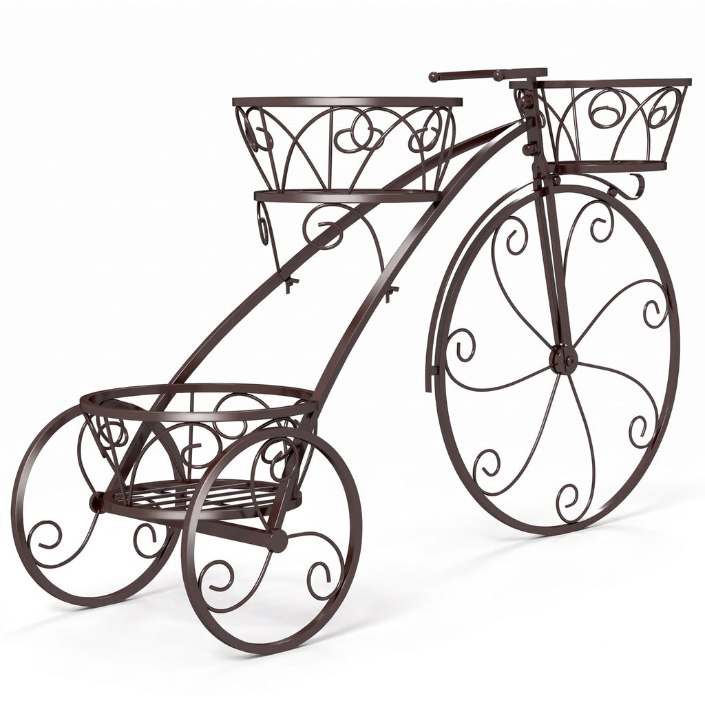 Airfind Tricycle Plant Stand Flower Pot Cart Holder with 3 Hollowed Baskets, Basket 11 LBS Capacity, Metal Frame, 33 x 10 x 20 Footprint, Bronze