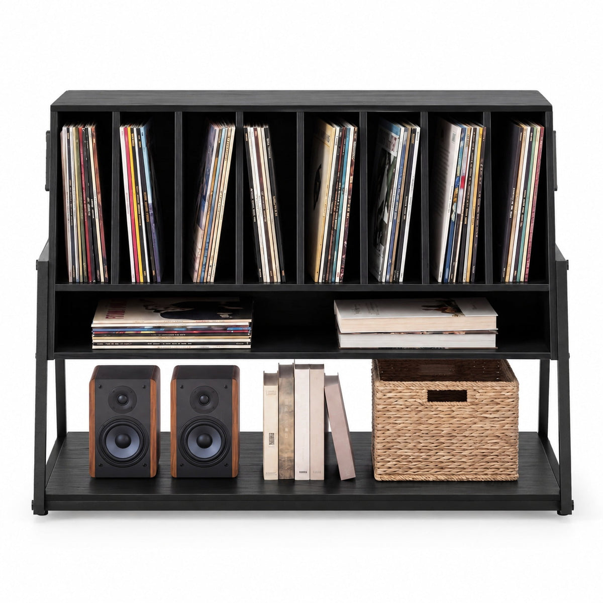 Airfind Turntable Stand with Charging Station and Vinyl Storage Shelves, 44 lbs Capacity, Engineered Wood MDF Metal Frame, Black
