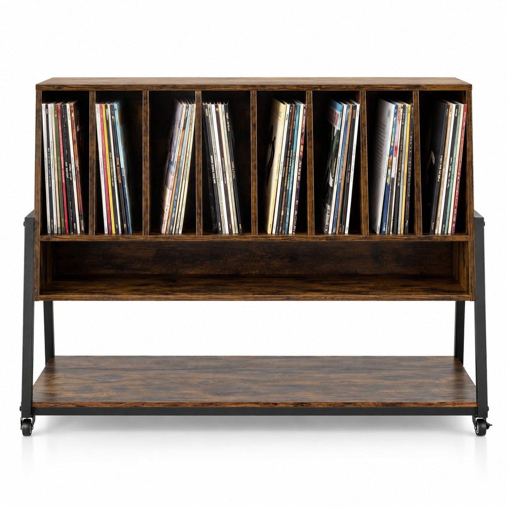 Airfind Turntable Stand with Charging Station and Vinyl Storage Shelves, 44 lbs Capacity, Engineered Wood MDF Metal Frame, Brown
