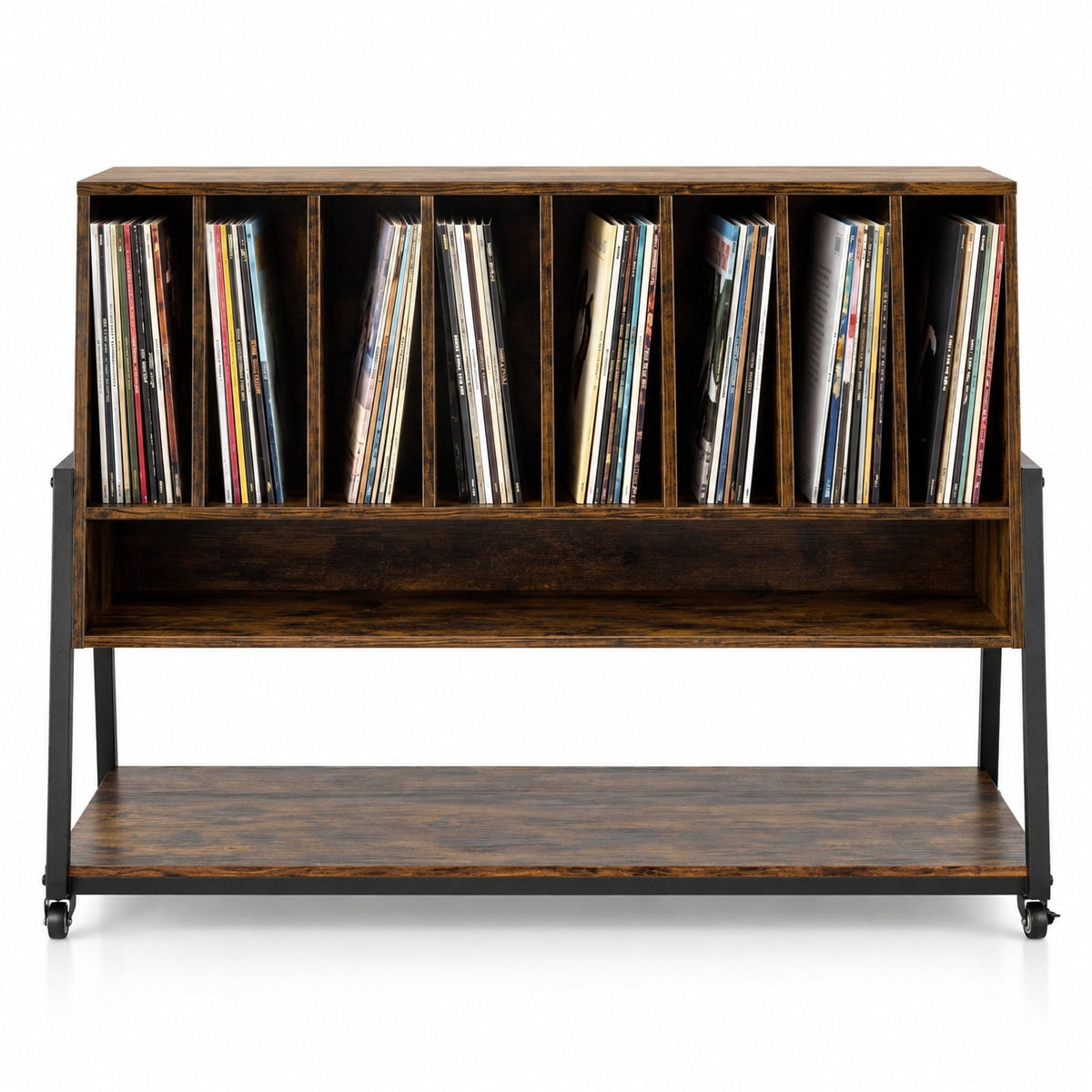 Airfind Turntable Stand with Charging Station and Vinyl Storage Shelves, 44 lbs Capacity, Engineered Wood MDF Metal Frame, Brown