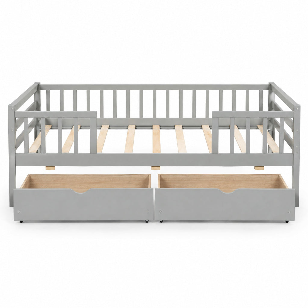 Airfind Twin Daybed with Fence and 2 Drawers Kids Bed for Boys Girls, 200 lbs Capacity, Pine Wood MDF Engineered Wood Plywood Frame, Gray