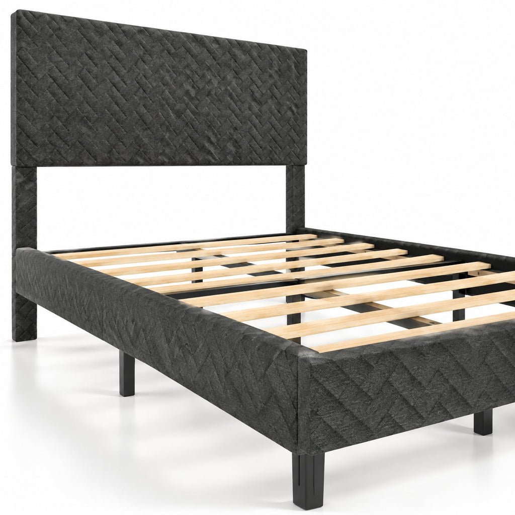 Airfind Twin/Full/Queen Size Velvet Bed Frame Upholstered Platform Bed with Chevron Headboard Gray, 500 lbs Capacity, Velvet Frame, Gray