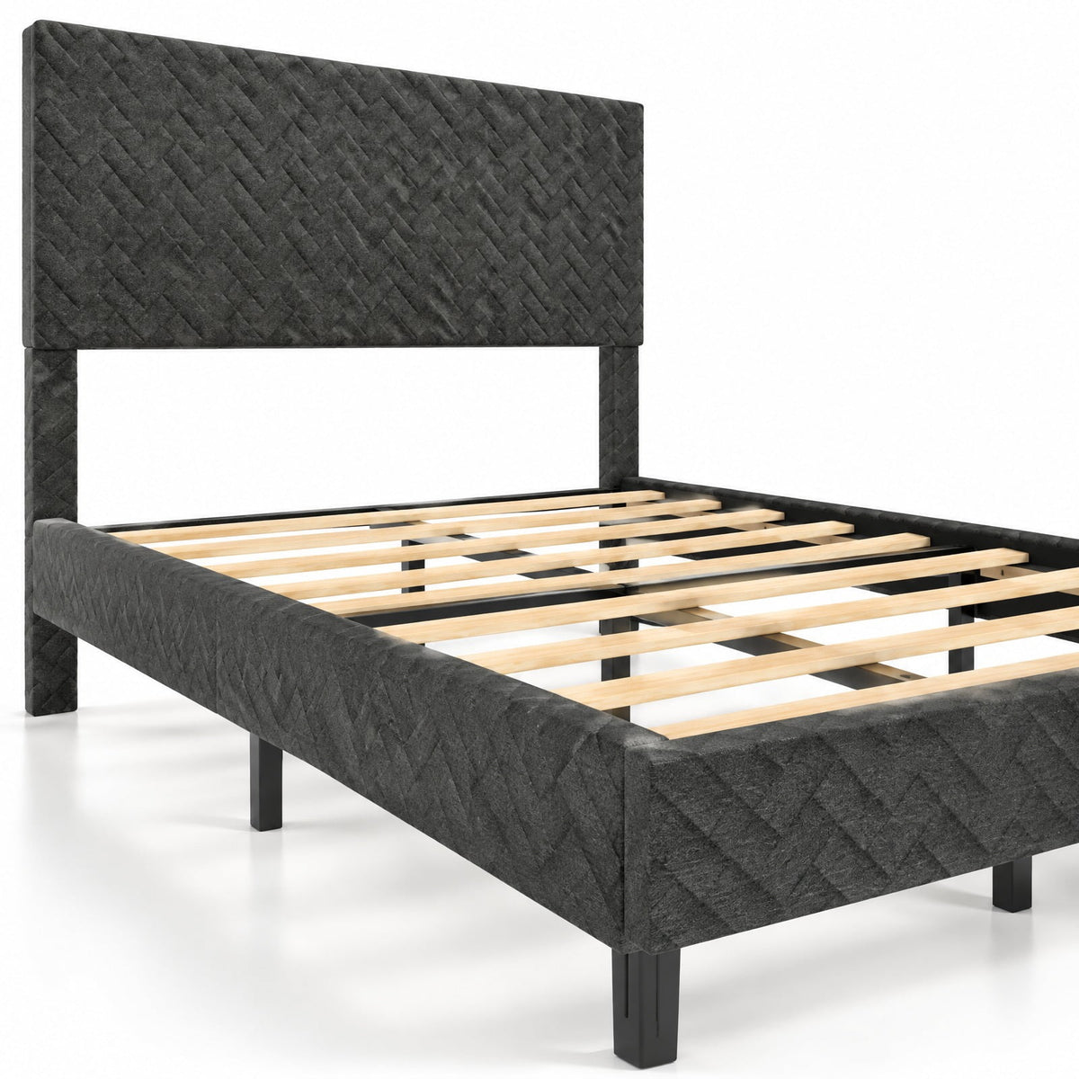 Airfind Twin/Full/Queen Size Velvet Bed Frame Upholstered Platform Bed with Chevron Headboard Gray, 500 lbs Capacity, Velvet Frame, Gray